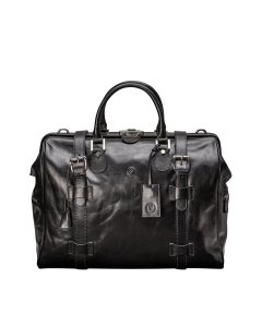 Hochwertige italienische Reisetasche aus schwarzem Leder mit Schloss und Rahmenöffnung. Feinstes italienisches Leder.