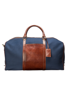 Hochwertige Reisetasche aus marineblauem Canvas und Leder für den stilbewussten Mann. Handgefertigt im Herzen Italiens.