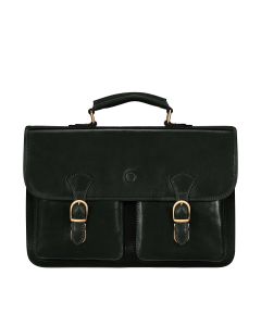 Green full grain leather mens laptop satchel with twin front pockets