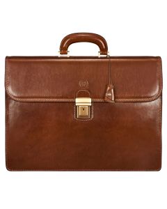 Luxury brown Italian full-grain leather laptop briefcase with padded 17-inch sleeve and three compartments