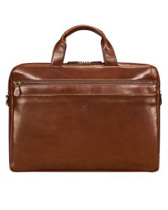 Luxury brown Italian full-grain leather laptop briefcase with padded 17-inch sleeve and trolley sleeve