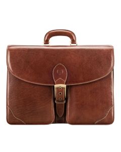 handcrafted tan italian leather briefcase with buckle fastening